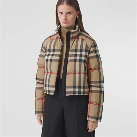 burberry down filled leather trim jacket|Burberry check cropped puffer jacket.